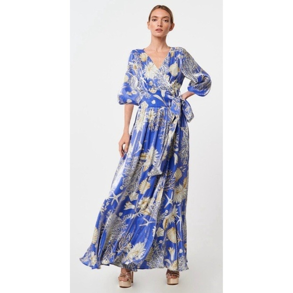 Ciebon Maxi Dress Womens XS Blue Shell Starfish Print Wrap Puff Sleeve Coastal